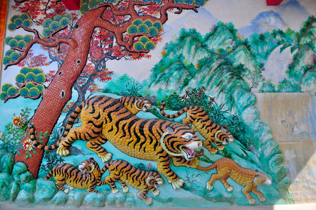 Tiger Sculptures at Chinese Temple in Chonburi,Thailan.のeditorial素材