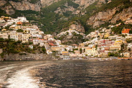 view of positano from the sea on the amalfi coast in Italy