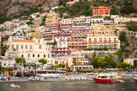 Positano village seen from the sea on the Amalfi coast in Italyのeditorial素材