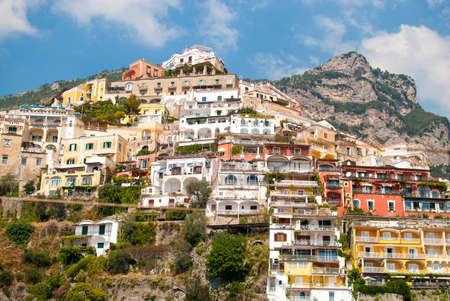houses on the mountainside in the fishing village of positano on the amalfi coast of italyのeditorial素材