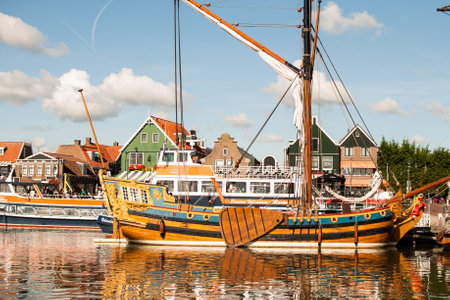 Traditional dutch fishing boats in the harbor of Zaanse Schans, Netherlandsの写真素材