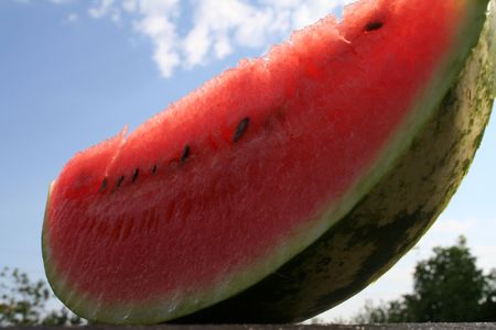 sliced watermelon with seeds and skin from bottom horizontalの写真素材
