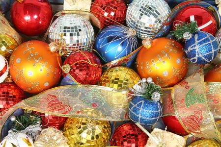 Christmas ornaments of different color and gift ribbonsの写真素材