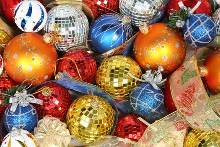 New Year's glass spheres of different color and gift ribbonsの写真素材