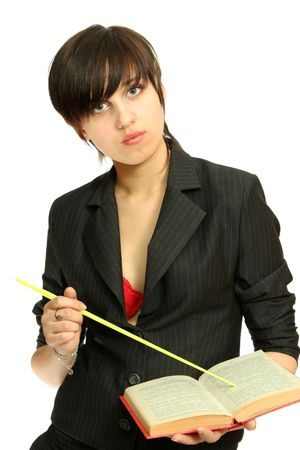 The young girl-teacher with the book, isolated on whiteの写真素材