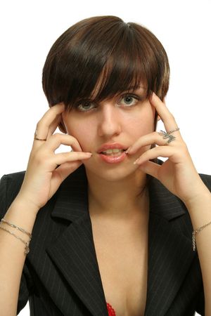 The young nice girl in thoughtfulness, isolated on whiteの写真素材