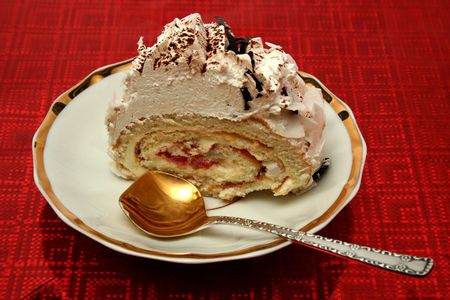 Slice of a pie with the spoon on a red background, (look similar images in my portfolio)の写真素材