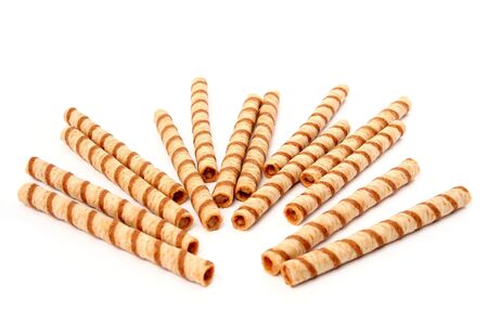 Stop of striped wafer tubules with the chocolate cream, isolated 9, (look similar images in my portfolio)の写真素材