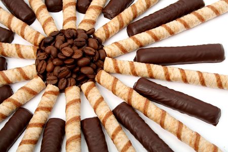 Chocolate sticks with a cream and the grains of coffee isolated, (look similar images in my portfolio) の写真素材