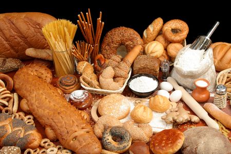 Assorted breads and ingredients, backgroundの写真素材