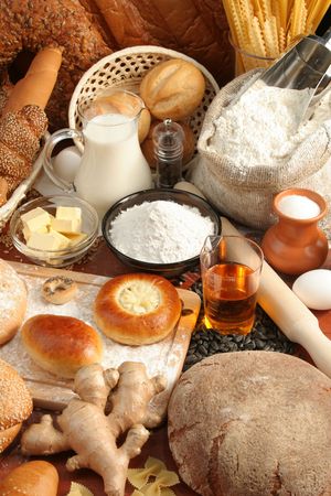 Bread, flour, milk, oil, zingiber, macaroni, backgroundの写真素材