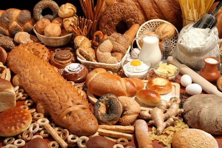 Bread, flour, milk, butter, eggs, backgroundの写真素材