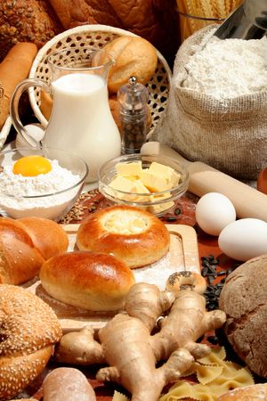 Bread, flour, milk, butter, eggs, backgroundの写真素材