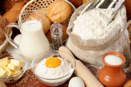 Bread, flour, milk, butter, eggs, backgroundの写真素材