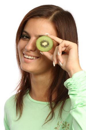 beautiful woman with kiwi on whiteの写真素材