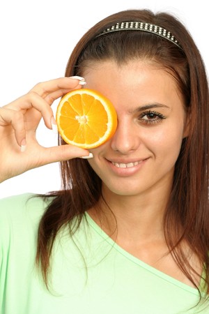 beauty woman with orange on whiteの写真素材