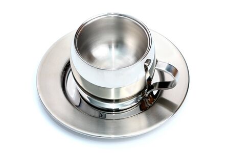 Empty steel cup, isolated on whiteの写真素材