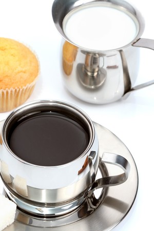 Cup of black coffee with muffin and milk, coffee seriesの写真素材