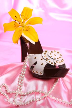 Woman shoes on pink satinの写真素材