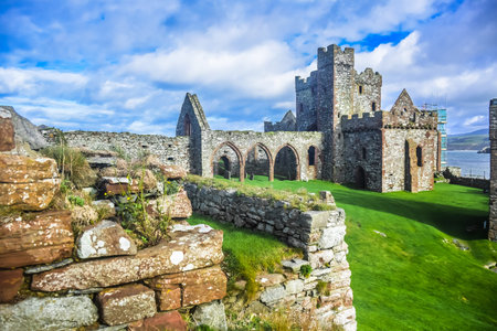 The cathedral inside Peel castle in Peel on the Isle of Man constructed by Vikings.のeditorial素材