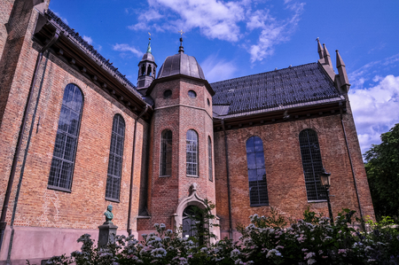 OSLO, NORWAY - JULY 2015: Oslo Cathedral at Karl Johans Gate, Oslo, Norwayのeditorial素材