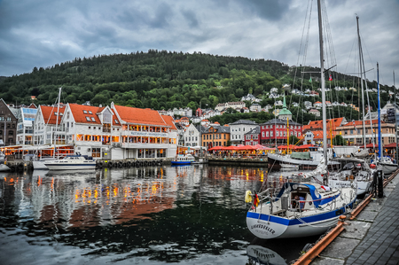 BERGEN, NORWAY - JULY, 2015: The scenic view of Vagen Bay in Bergen, Norwayのeditorial素材