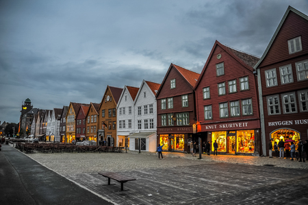 BERGEN, NORWAY - JULY, 2015: Scenic view of Bryggen, the Hanseatic commercial buildings lining at eastern side of the Vagen harbour in Bergen, Norwayのeditorial素材