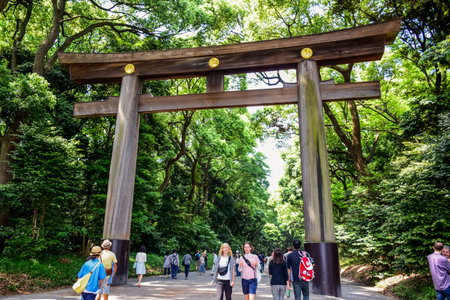 TOKYO, JAPAN - MAY, 2016: The Torii, the entrance, leading to the Meiji Shrine located in Shibuya, Tokyoのeditorial素材