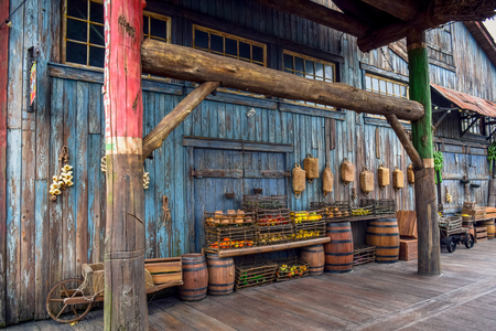 CHIBA, JAPAN - MAY, 2016: Fruits in the basket in an old ancient village in Lost River Delta area in Tokyo Disneysea located in Urayasu, Chiba, Japanのeditorial素材