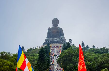 HONG KONG: Enormous Tian Tan Buddha statue on top of hill at Ngong Ping, Lantau Island, in Hong Kongのeditorial素材