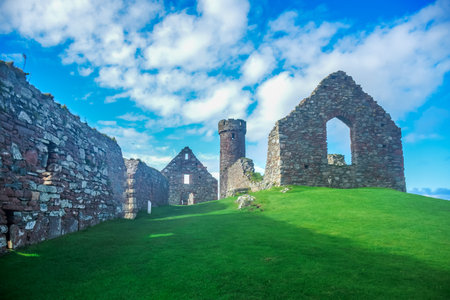 View of Peel Castle on top of Peel hill on the Isle of Manの写真素材
