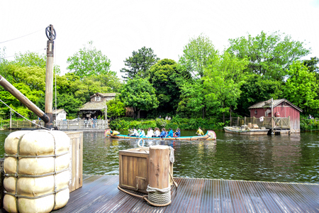 Tourist happily sailing canoe in the river in Tokyo Disneyland, Japanのeditorial素材