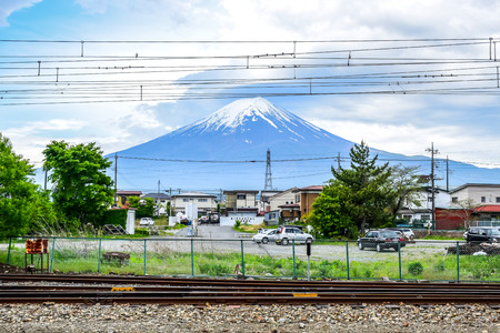 Kawaguchiko train station with Mount Fuji in background at Kawaguchi, Yamanashi Japanのeditorial素材
