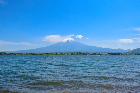 The famous mount Fuji view in the clear blue sky from Kawaguchiko lake, Japanの写真素材