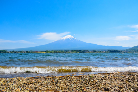 The famous mount Fuji view in the clear blue sky from Kawaguchiko lake, Japanの写真素材