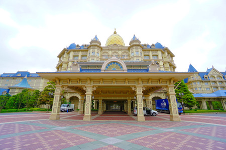 The Tokyo Disneyland Hotel located in front of the Tokyo Disneyland park with the Tokyo Disneyland station of the Disney Resort Line monorail system in Chiba, Japanのeditorial素材