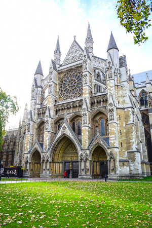 Westminster Abbey, the gothic abbey church at the west of the Palace of Westminster in London, England, United Kingdomの写真素材