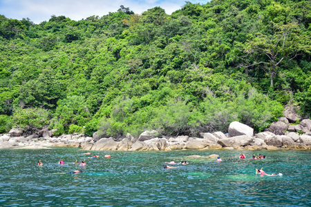 Tourists are coral diving at Koh Tao island, a very popular tourists destination for diving in gulf or sea of Thailandの写真素材
