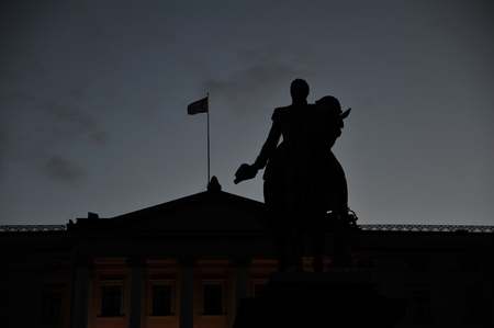 Statue of Norwegian King Karl Johan XIV in silhouette, Oslo, Norwayのeditorial素材