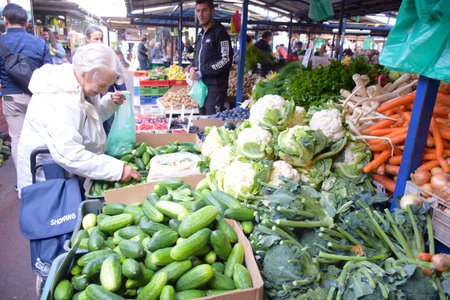 The local polish people shopping in the Stary Kleparz market, a tradition of over 800 years covered marketplace in city of Krakow, Polandのeditorial素材