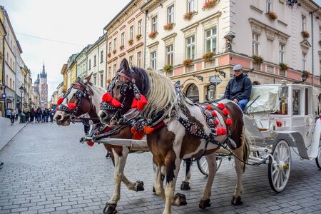 Traditional horse carriage serving tourists at old town area of Krakow, Polandのeditorial素材