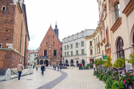Small street leads to St. Barbara church located at Main Square of Krakow, Polandのeditorial素材