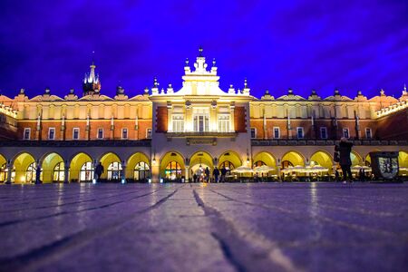 Krakow's Cloth Hall building in the night, the central feature of main market square in the Krakow Old Town, Polandのeditorial素材