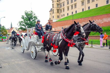 Traditional horse drawn carriage vehicle serving tourists around the Wawel Royal Castle, the most popular tourist activity in city of Krakow, Polandのeditorial素材