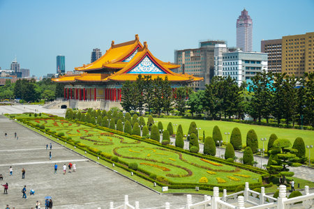 TAIPEI, TAIWAN, APRIL 16, 2023: View over the National Taiwan Democracy Square at Chiang Kai-Shek Memorial Hall, the famous tourists destination in Taipei, Taiwanのeditorial素材
