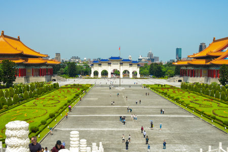 TAIPEI, TAIWAN, APRIL 16, 2023: View over the National Taiwan Democracy Square at Chiang Kai-Shek Memorial Hall, the famous tourists destination in Taipei, Taiwanのeditorial素材