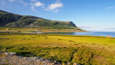 Nature landscape view of Norway countryside with calm sea, mountains and green meadow land fieldの写真素材