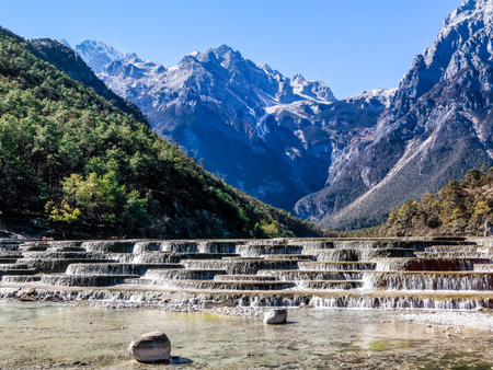 Blue Moon Valley in Jade Dragon Snow Mountain Scenic Area, the most famous tourist destination in Lijiang, Yunnan, Chinaの写真素材