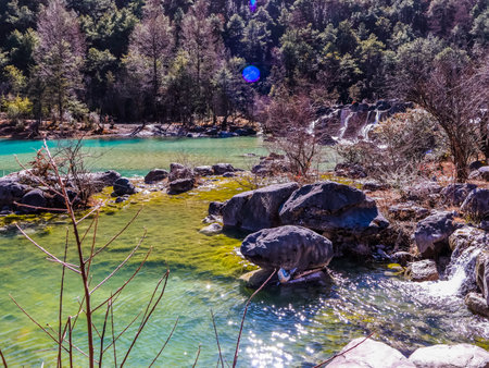Blue Moon Valley in Jade Dragon Snow Mountain Scenic Area, the most famous tourist destination in Lijiang, Yunnan, Chinaの写真素材