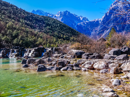 Blue Moon Valley in Jade Dragon Snow Mountain Scenic Area, the most famous tourist destination in Lijiang, Yunnan, Chinaの写真素材